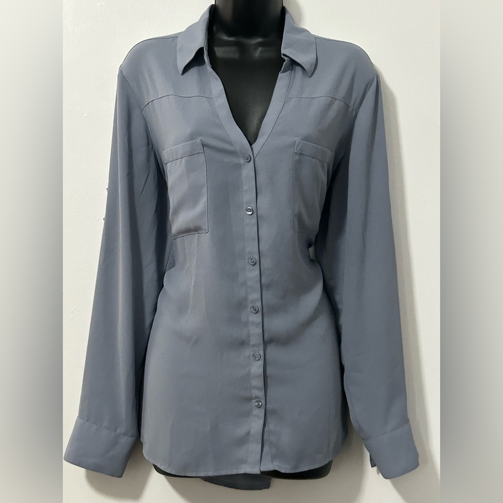 Express plunge neckline long sleeve in blue-grey